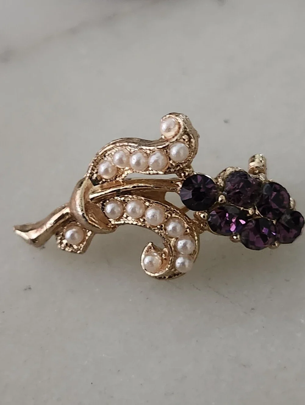 Gold-Tone Faux Seed Pearl & Amethyst Floral Brooch - Vintage